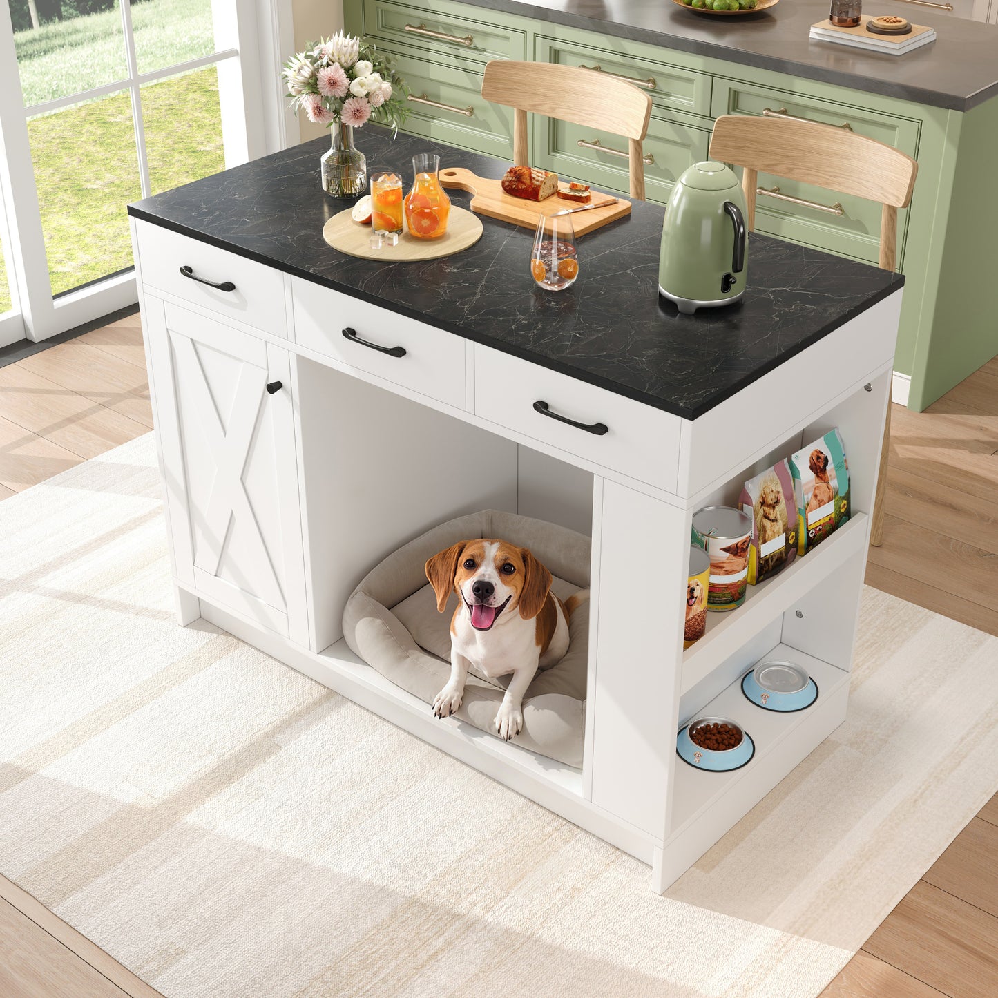 Gigab2b original image - Kücheninsel, Schrank mit 3 Schubladen, 1 Gewürzablage, verstellbare Regalplatte, Doppelablage (ohne Hundefutterteller), geräumiger Haustieraufbewahrungsbereich (ohne Hundekissen), 120*60*90 cm, weiß