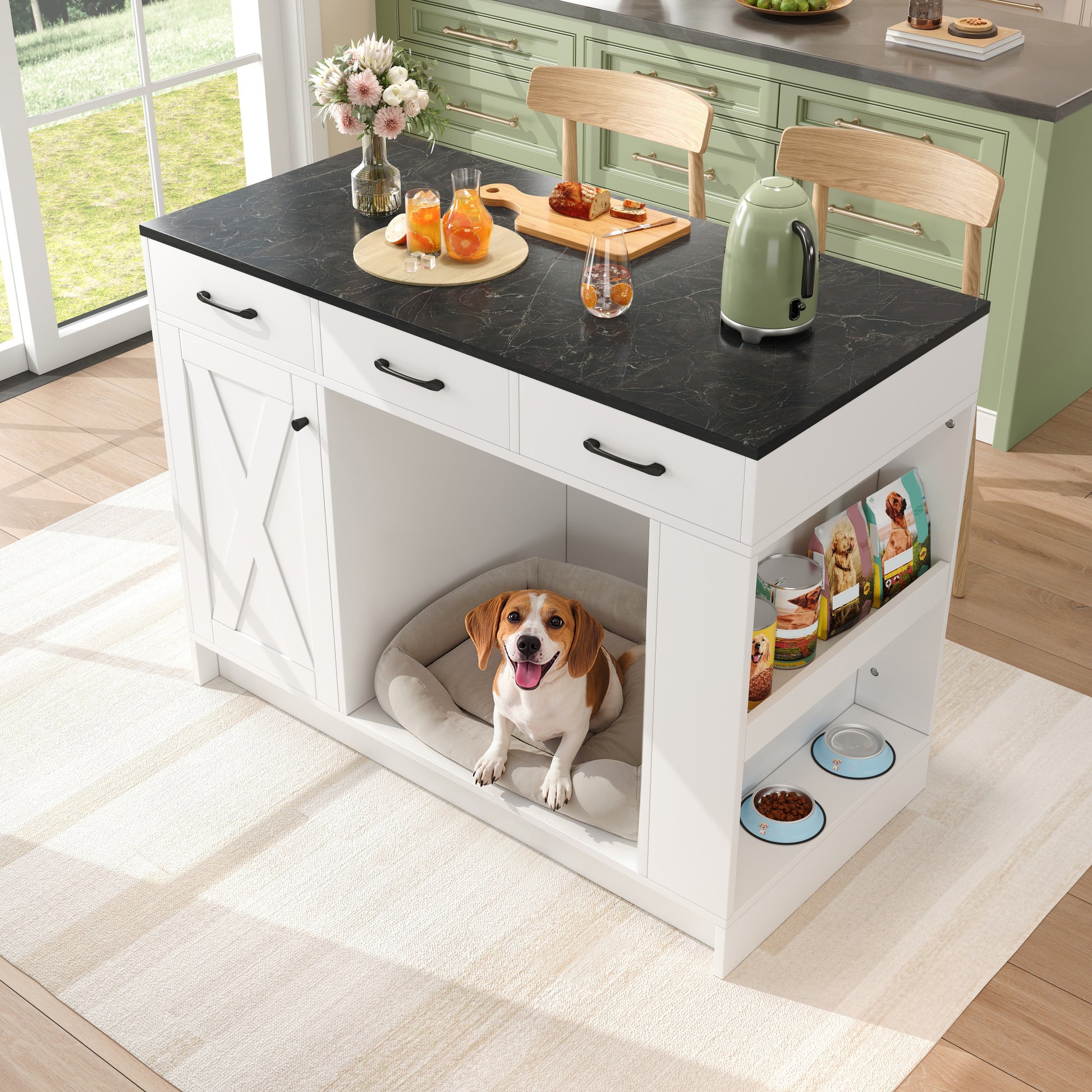 Gigab2b original image - Kücheninsel, Schrank mit 3 Schubladen, 1 Gewürzablage, verstellbare Regalplatte, Doppelablage (ohne Hundefutterteller), geräumiger Haustieraufbewahrungsbereich (ohne Hundekissen), 120*60*90 cm, weiß