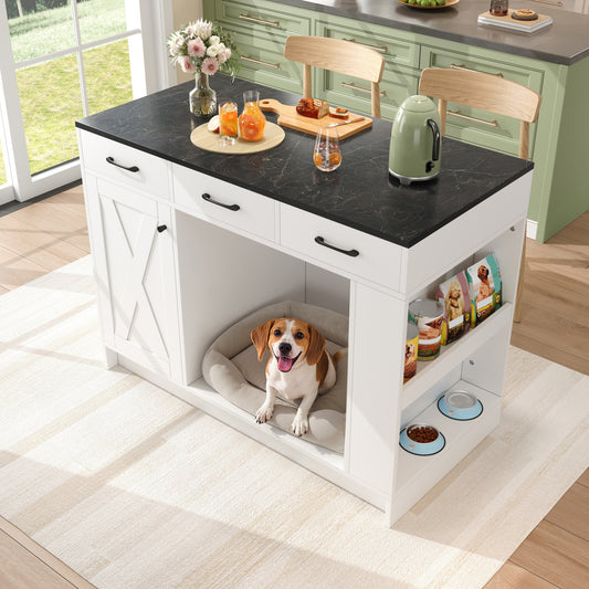 Gigab2b original image - Kücheninsel, Schrank mit 3 Schubladen, 1 Gewürzablage, verstellbare Regalplatte, Doppelablage (ohne Hundefutterteller), geräumiger Haustieraufbewahrungsbereich (ohne Hundekissen), 120*60*90 cm, weiß