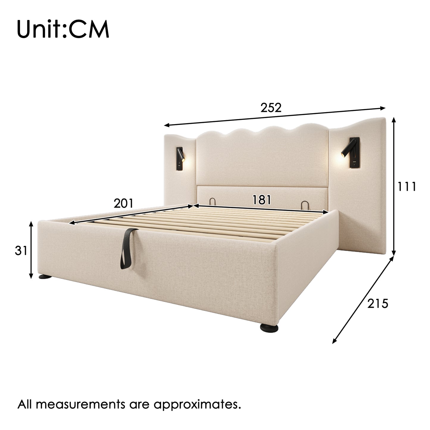 (=AB30748123B)Polsterbett Doppelbett 180×200 mit Leselampe und USB Type-C Ladefunktion, Stauraumbett Bettgestell mit Lattenrost aus Massivholz und Metall, Beige, Leinen (Ohne Matratze)