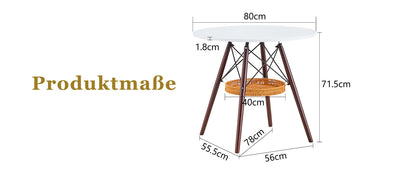 Runder Esstisch Ø 80 cm,Tischplatte aus weißem MDF, Tischbeine aus walnussfarbenem Massivholz, kombiniert mit einer schwebenden, geflochtenen Ablagekorbkonstruktion, geeignet für 2 bis 4 Personen.
