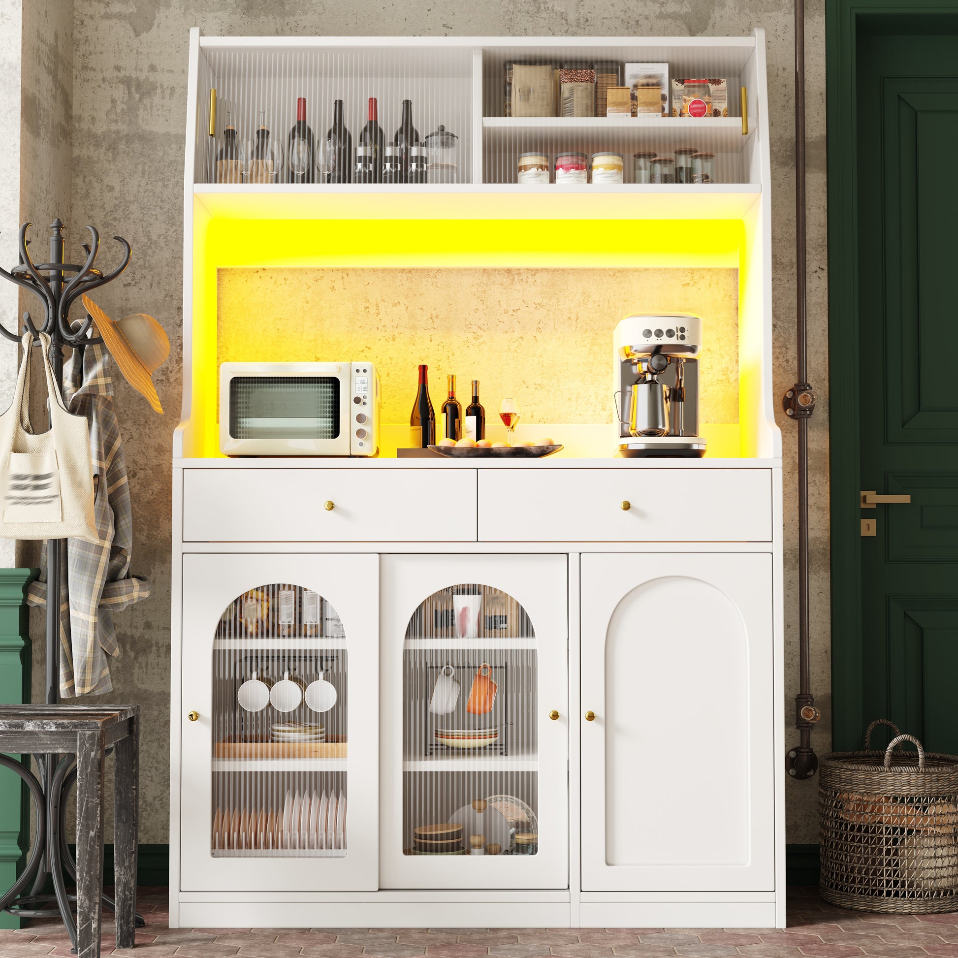Gigab2b original image - Küchenschrank, Hochschrank, Vitrinenschrank, Buffetschrank mit Verstellbaren Ablagen, Esszimmerschrank mit 2 Schubladen,Sideboard mit LED-Beleuchtung,Variable Lichtfarben,Weiß