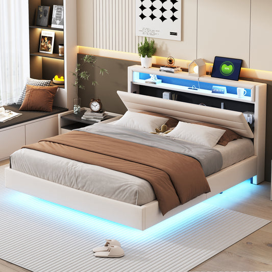 Gigab2b original image - Polsterbett 160x200 cm mit USB-Steckdose und LED-Licht, wendbares Kopfteil, verdecktes Fußteil, Doppelflachbett, Jugendbett, Erwachsenenbett, Leinenstoff Beige