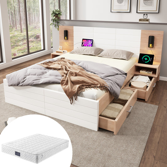 Gigab2b original image - Doppelbett Holzbett 140×200cm mit 2 Schubladen ,Kopfteil Leselicht mit USB Ladefunktion ,Modernes Bett inkl.2 Nachtkommode, Bettgestell &Lattenrost-215×80×207cm Set in Eiche/Weiß(Mit Matratze)