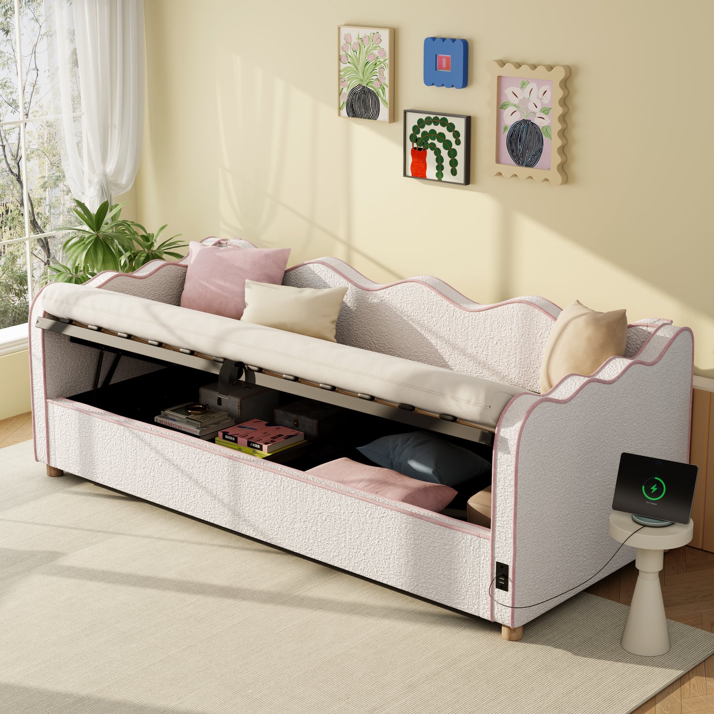 Daybett 90x200 cm mit hydraulischem Stauraum, Polsterbett, Tagesbett, Schlafsofa mit USB & Rückenlehne, bouclé, beige