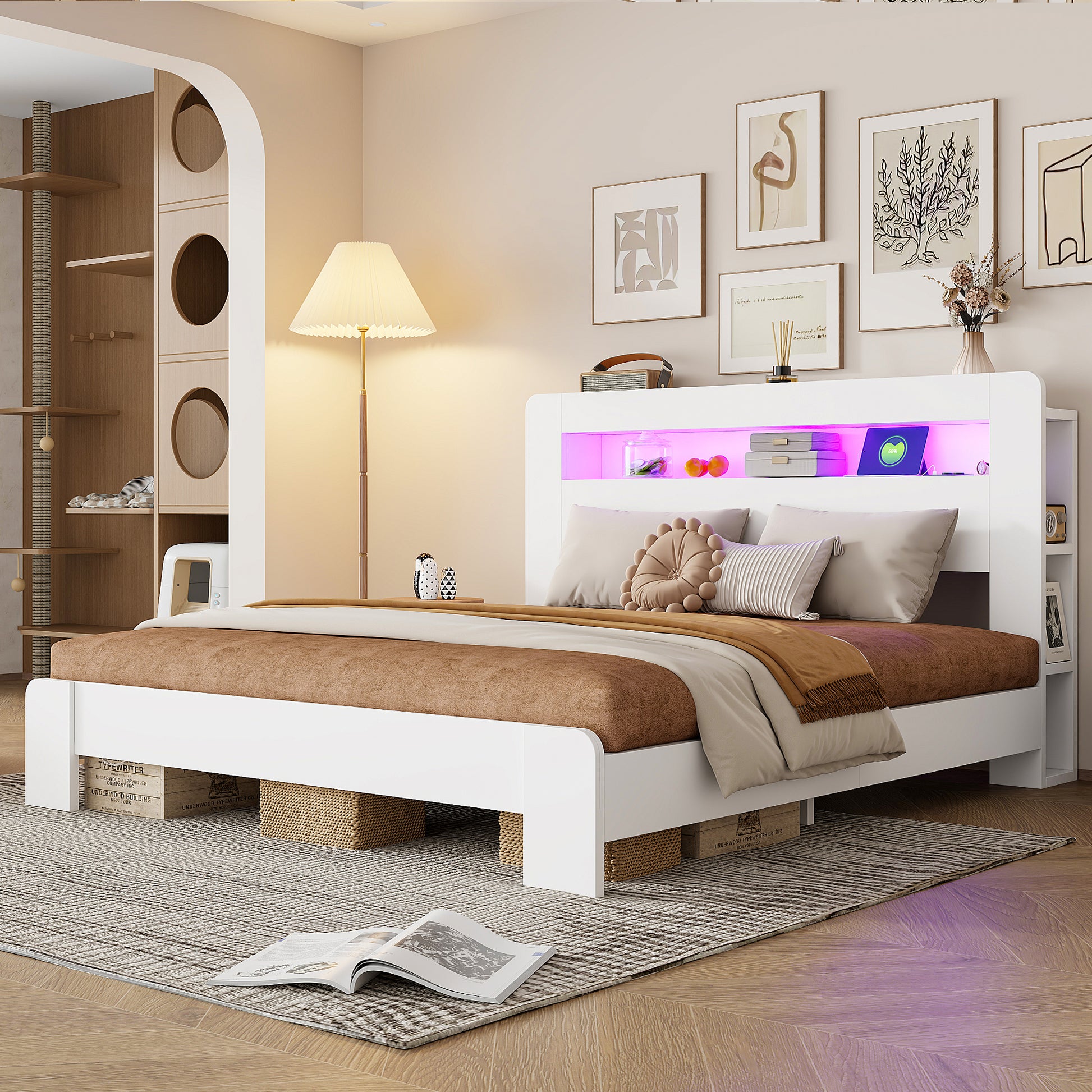 Bettgestell aus Holz mit Stauraum im Kopfteil, LED-Beleuchtung, integrierten Steckdosen, modernes Plattformbett in Weiß180 x 200 cm