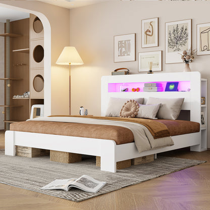 Bettgestell aus Holz mit Stauraum im Kopfteil, LED-Beleuchtung, integrierten Steckdosen, modernes Plattformbett in Weiß180 x 200 cm