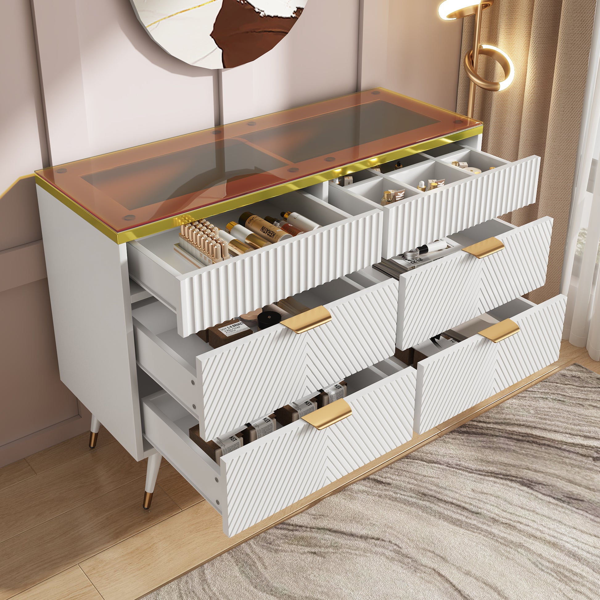 Gigab2b original image - Kommode Sideboard aus Bernstein Glas, Kommode mit 6 Schubladen,Facheinteilung, kippsicher, Hochschrank für Schlafzimmer und alle Wohnräume, 120 x 40 x 76 cm, weiß