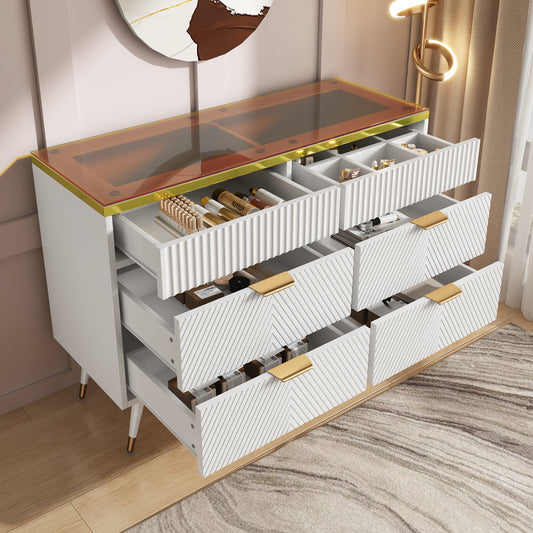 Gigab2b original image - Kommode Sideboard aus Bernstein Glas, Kommode mit 6 Schubladen,Facheinteilung, kippsicher, Hochschrank für Schlafzimmer und alle Wohnräume, 120 x 40 x 76 cm, weiß