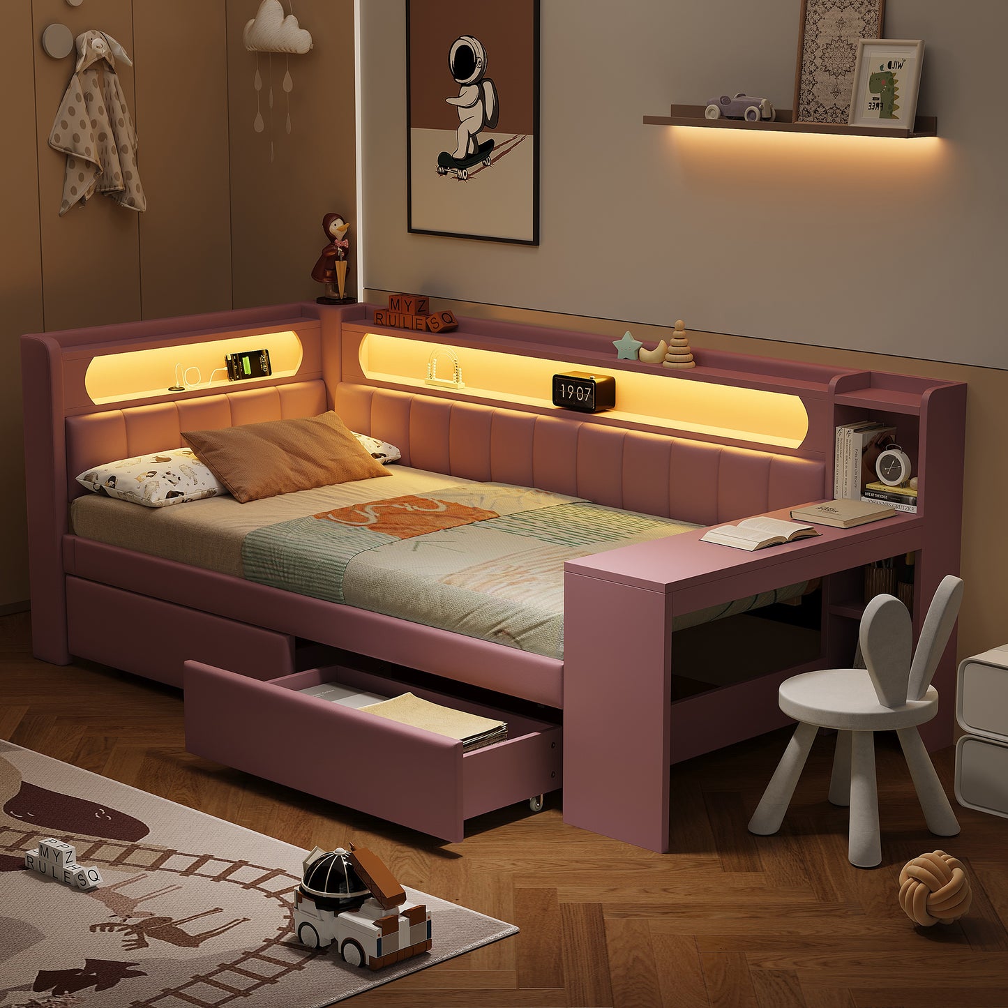 Gigab2b original image - Gepolstertes 90x200 Daybed mit USB-Anschlüssen und LED-Gürtel, mit Schreibtisch und 2 Schubladen, Rosa