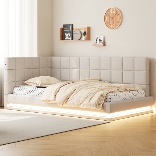 Gigab2b original image - Polsterbett Schlafsofa 90*200 Multifunktionsbettmit LED Lichtleiste, USB Steckdose und Lattenrost, Leinenstoff, Beige