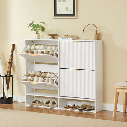 120 x 24 cm Schuhschrank mit Nutfront – Höhenverstellbar mit Kippschutz und Dekotisch für den Flur, in Weiß