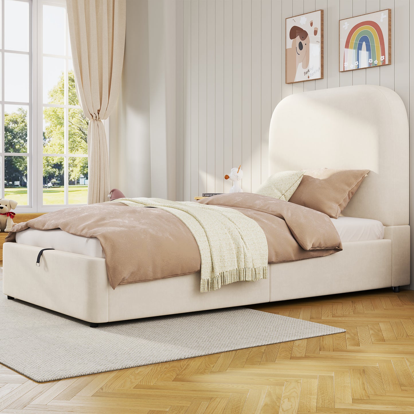 Polsterbett,Einzelbett, Kinderbett 90 x 190cm, hydraulisches Funktionsbett, Bett mit Lattenrost, Kopfteil und großem Stauraum, gepolstertes Kopfteil, Samt, beige