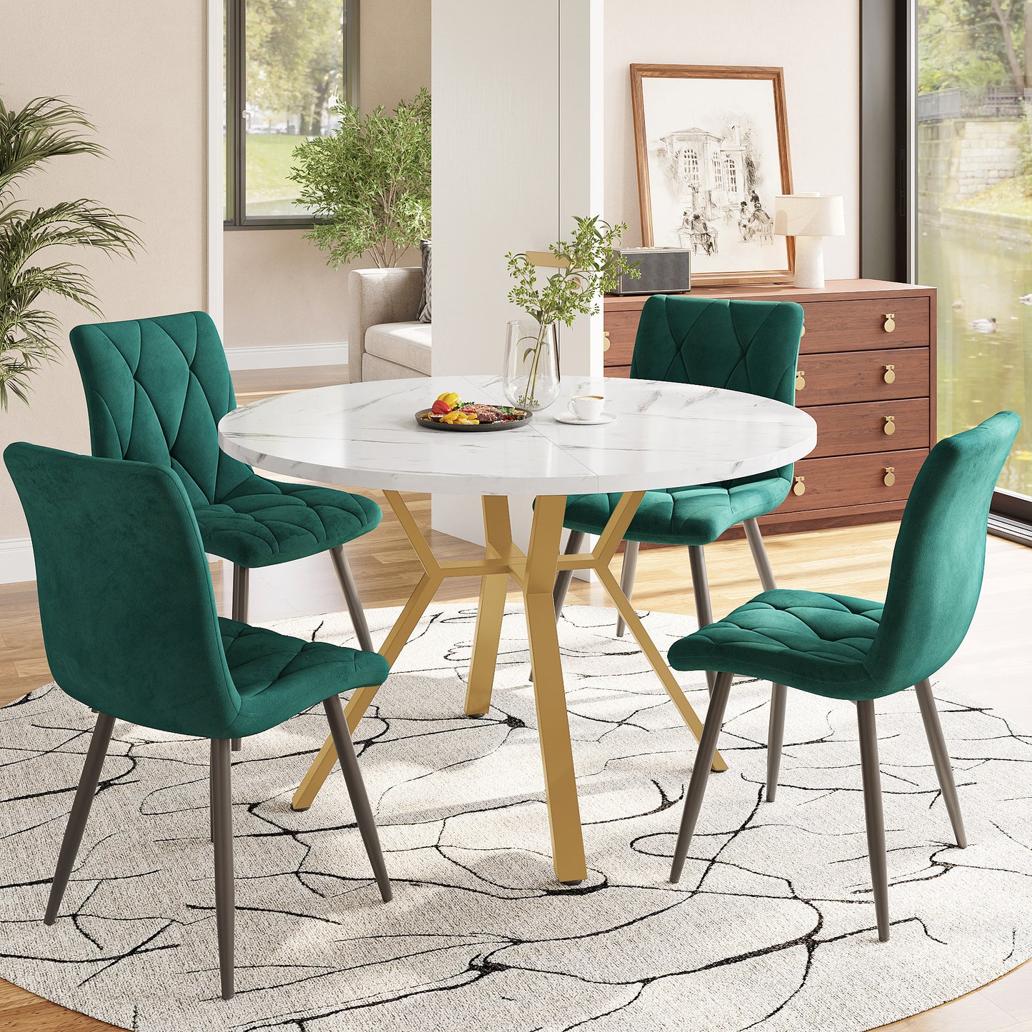 Gigab2b original image - Esstisch-Set, Esstisch- und Stuhlset (5-teilig), modernes, schlichtes rundes Esstisch- und Stuhlset aus Marmor, Goldfarbene Metalltischbeine + 4 ergonomische Samtstühle, Grüner Esszimmerstuhl