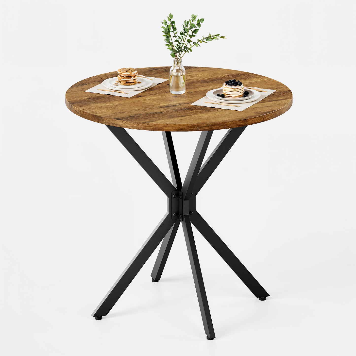 Runder Tisch im Bauernstil mit X-Beinen, 80 cm - Küchentisch, Esstisch für Wohnzimmer, Homeoffice, Balkon oder Café - Retro Braun & Schwarz