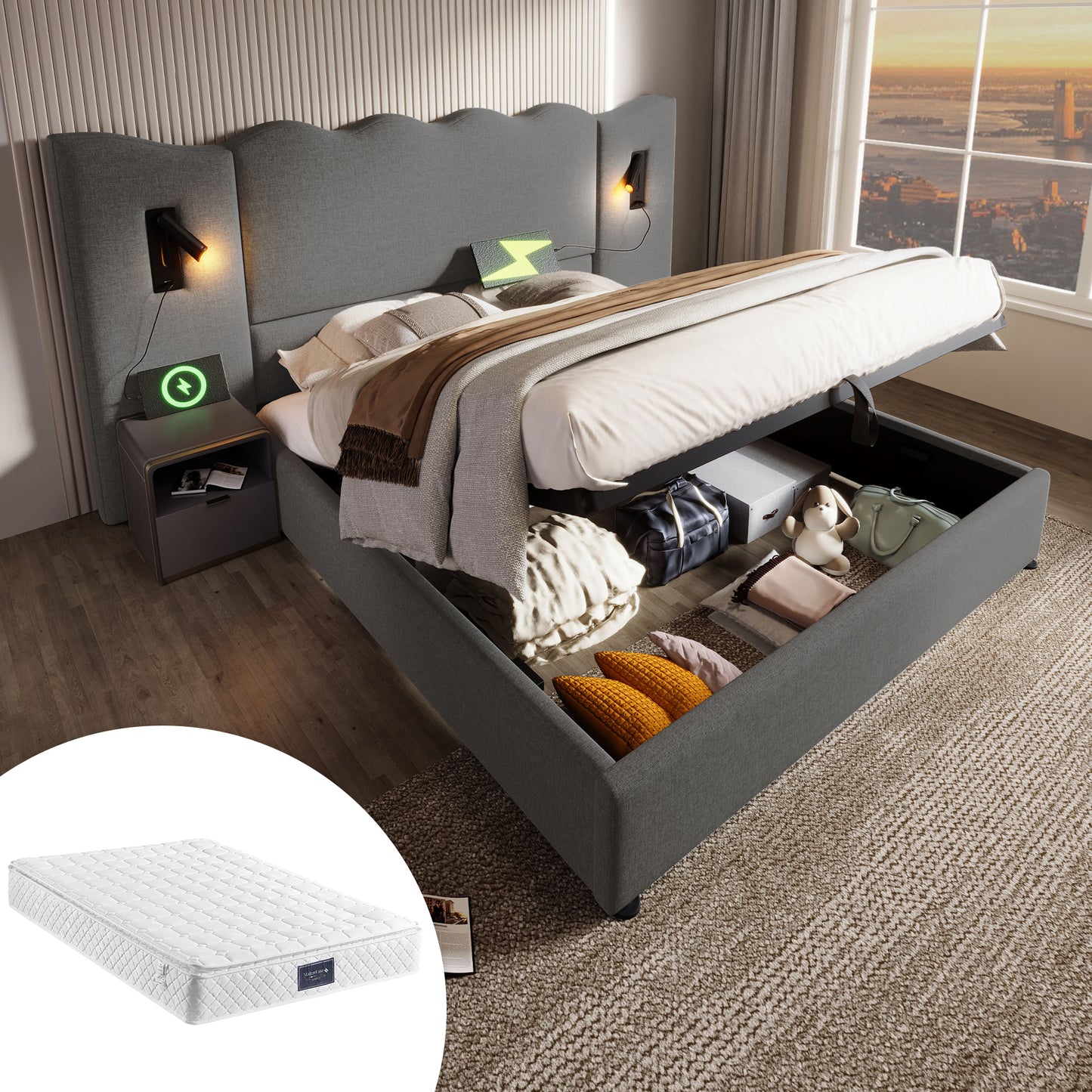 Gigab2b original image - Polsterbett Doppelbett 160×200 mit Leselampe und USB Type-C Ladefunktion, Stauraumbett Bettgestell mit Lattenrost aus Massivholz und Metall, Grau, Leinen (Mit Matratze)
