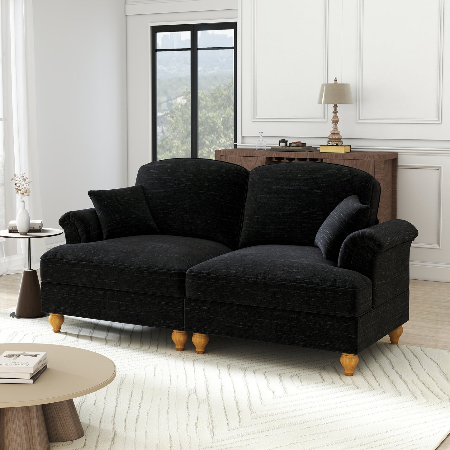 Gigab2b original image - Elegantes, großes 2-Sitzer Sofa im mittelalterlich-modernen Stil, mit flared Armlehnen, abnehmbarem Volant und Holzbeinen – Bequemer Chennille-Stoff, ideal für das Wohnzimmer,Schwarz