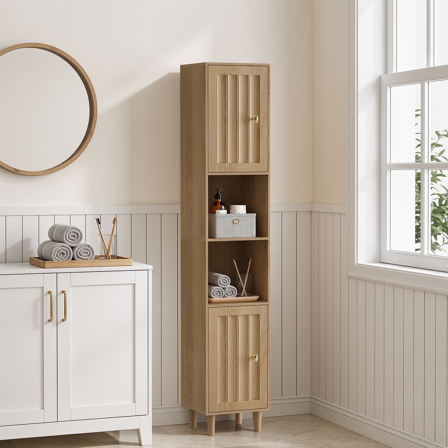 Gigab2b original image - Hochschrank Waschmaschinenschrank, Badezimmerschrank mit Türen & offenen Regalen, Schmaler Aufbewahrungsschrank aus Holz für Waschküche, Balkon, Bad, Küche, Freistehend, Eiche Optik