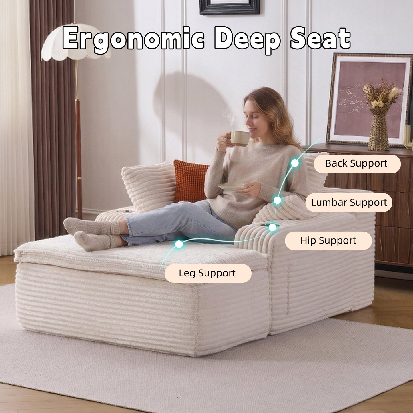 Sleeping sofa boneless floor sofa modern cloud sofa with chaise lounge, comfortable couch for living room with 3 cushions & 1 blanket, no assembly required, beige