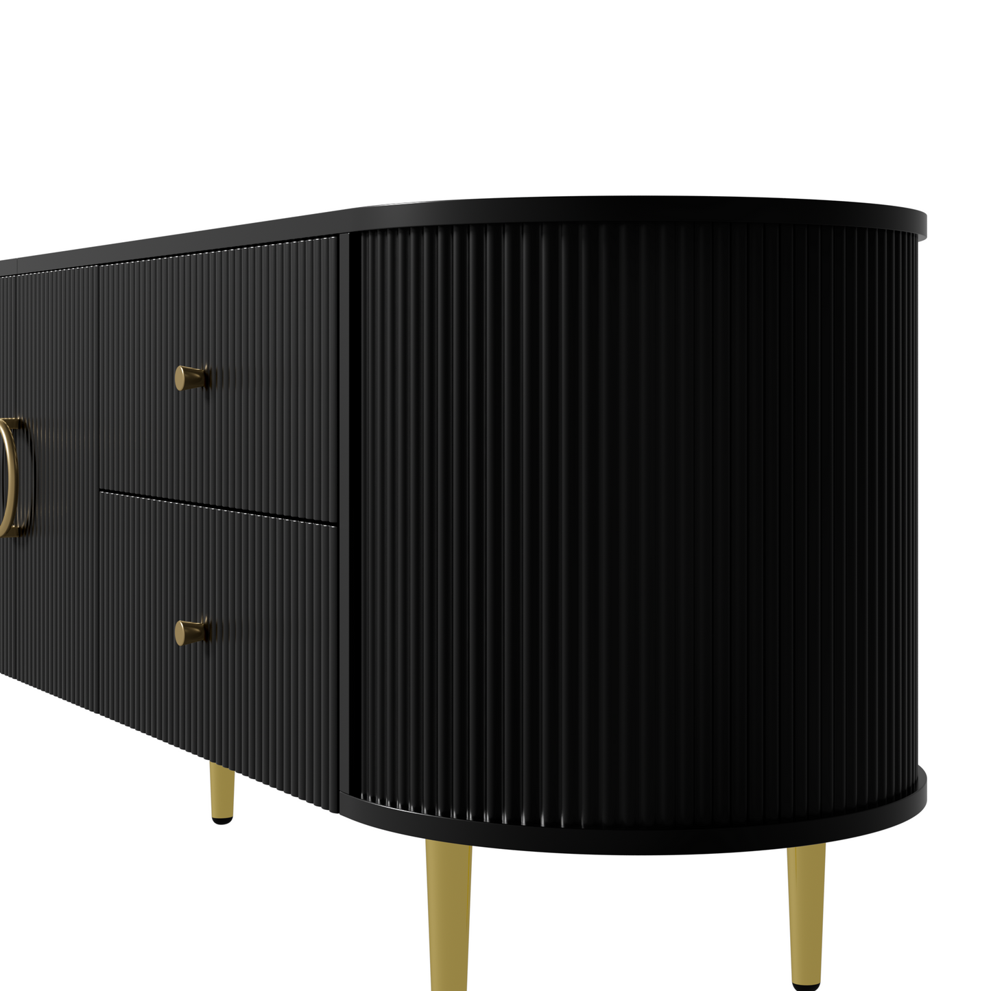 TV-Schrank, Lowboard, dreidimensionale Wellenstruktur, abgerundete Kanten, MDF-Korpus, Aluminiumgriffe, Eisenfüße, fester Einlegeboden, Kabeldurchlass, Wohnzimmer