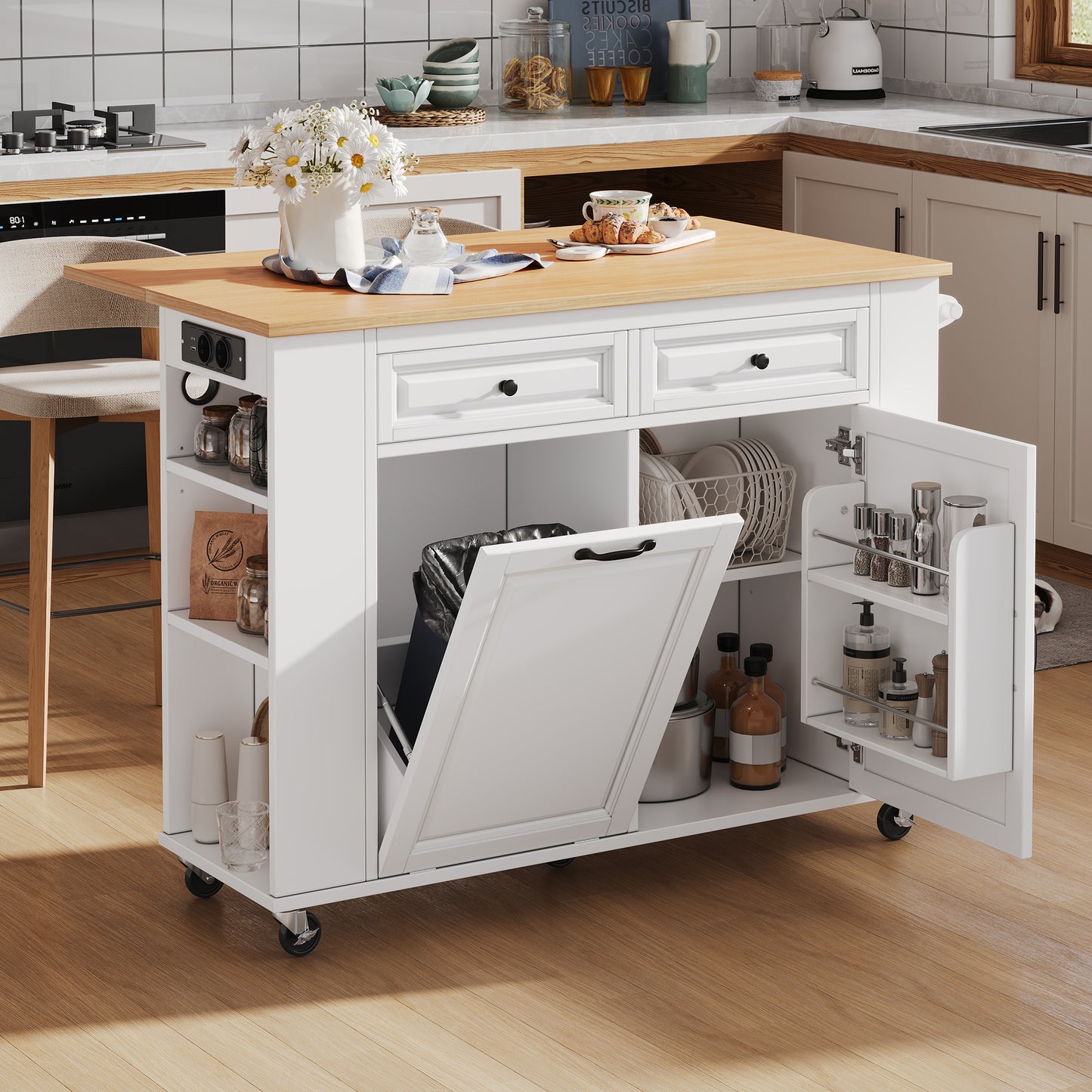 Gigab2b original image - Kücheninsel mit Rollen, Ausziehbarer Esstisch, Kücheninsel mit Abfallbehälterfach und Handtuchhalter, Mobile Servierwagen mit Steckdosenleisten, Ideal für Küche und Esszimmer (Weiß)