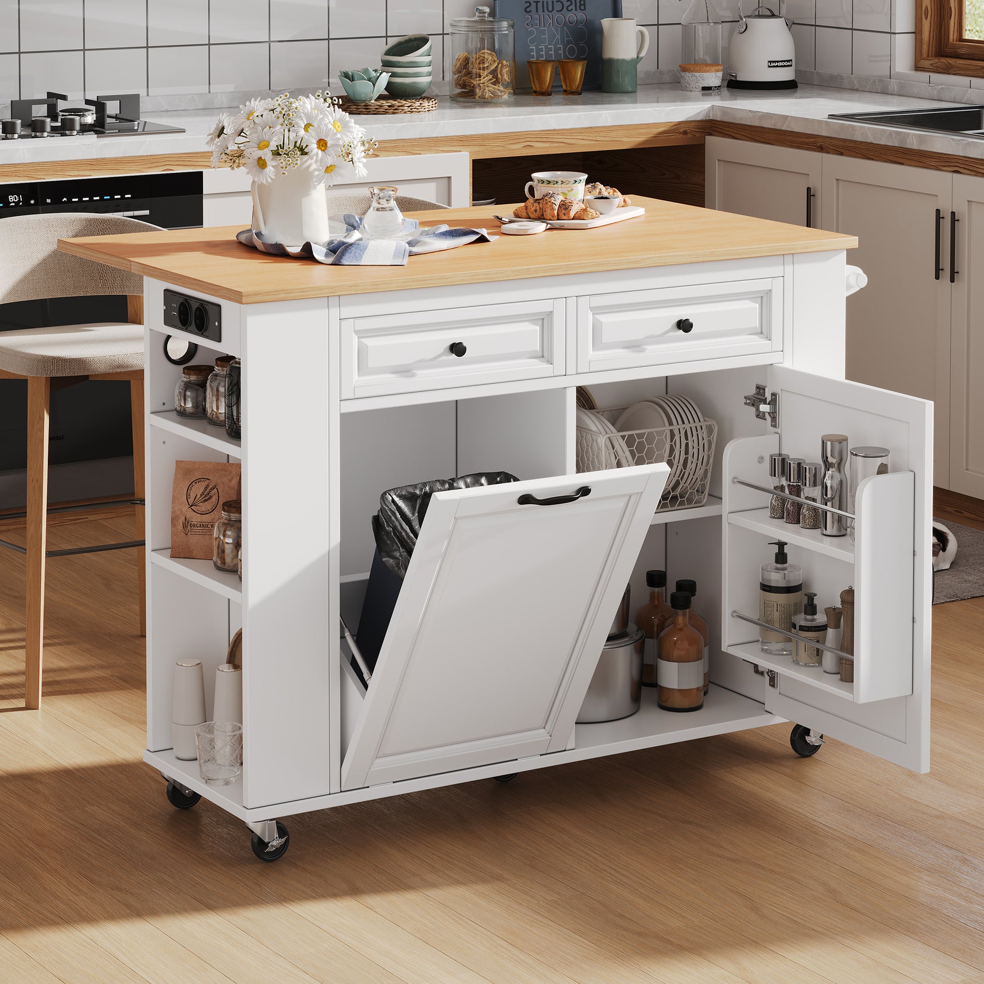 Gigab2b original image - Kücheninsel mit Rollen, Ausziehbarer Esstisch, Kücheninsel mit Abfallbehälterfach und Handtuchhalter, Mobile Servierwagen mit Steckdosenleisten, Ideal für Küche und Esszimmer (Weiß)