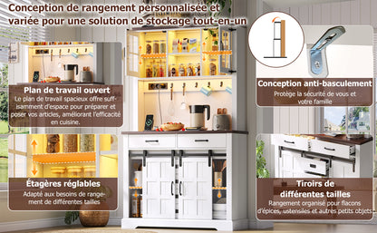Küchenschrank, Buffetschrank, Sideboard mit Steckdose und LED-Beleuchtung, Küchenmöbel mit Arbeitsplatte, 6 Schubladen, verstellbare Einlegeböden, Haken, 180 × 108 × 40 cm, Weiß
