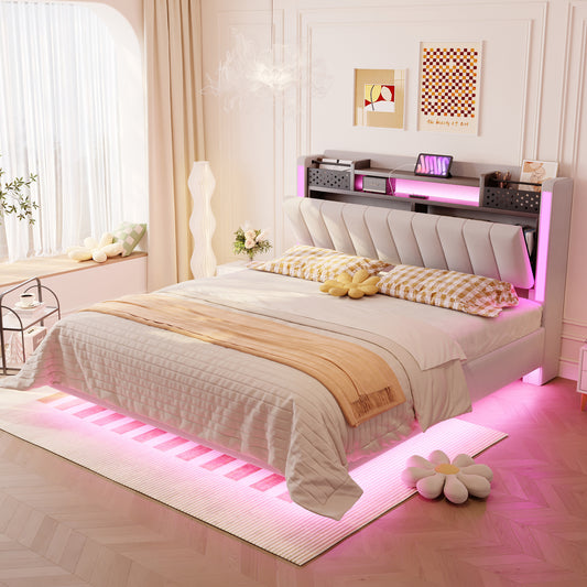 Gigab2b original image - Polsterbett 140*200 mit LED-Beleuchtung und USB-Steckdose, Kopfteil mit Stauraum, Schwebebett Jugendbett Erwachsenenbett, Leinenstoff, Beige
