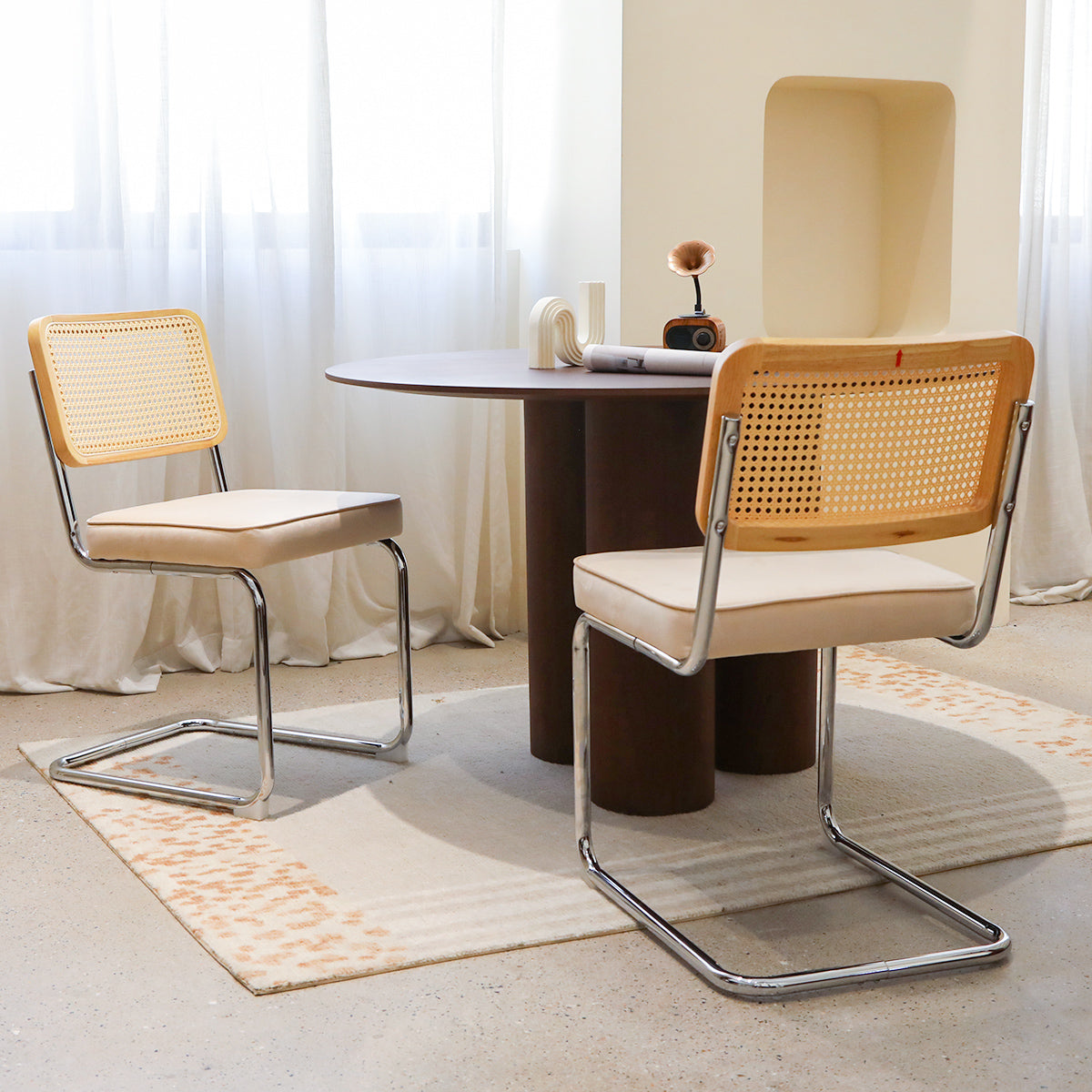 Dining Chairs Set of 4, Velvet Rattan Side Accent Chairs with Chrome Legs, Modern Mid Century Breuer