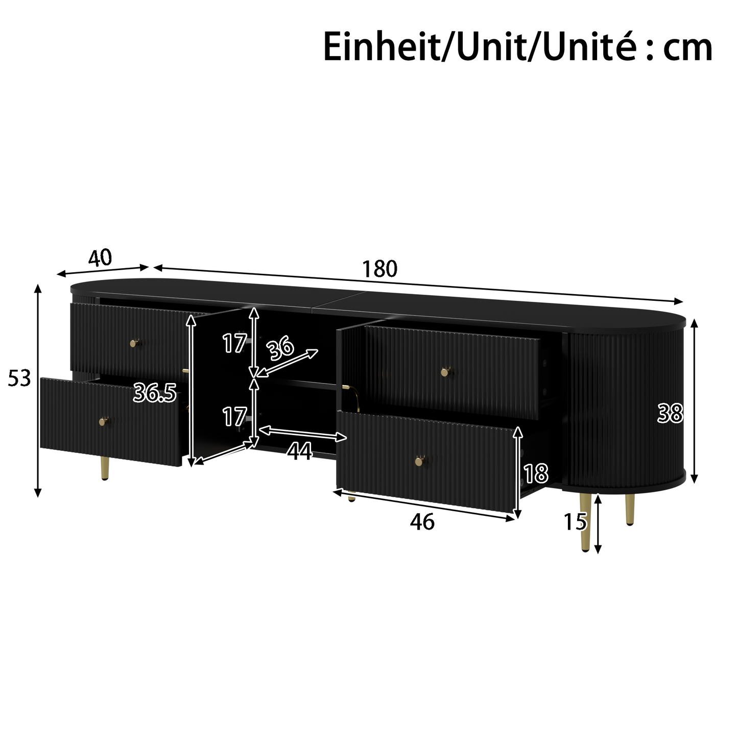 TV-Schrank, Lowboard, dreidimensionale Wellenstruktur, abgerundete Kanten, MDF-Korpus, Aluminiumgriffe, Eisenfüße, fester Einlegeboden, Kabeldurchlass, Wohnzimmer