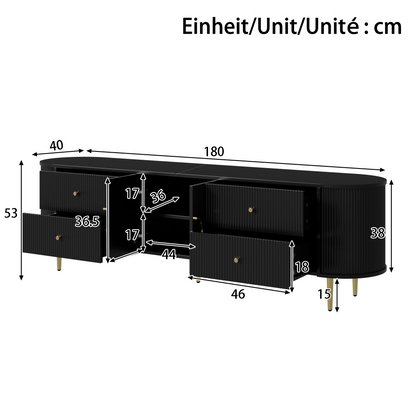 TV-Schrank, Lowboard, dreidimensionale Wellenstruktur, abgerundete Kanten, MDF-Korpus, Aluminiumgriffe, Eisenfüße, fester Einlegeboden, Kabeldurchlass, Wohnzimmer