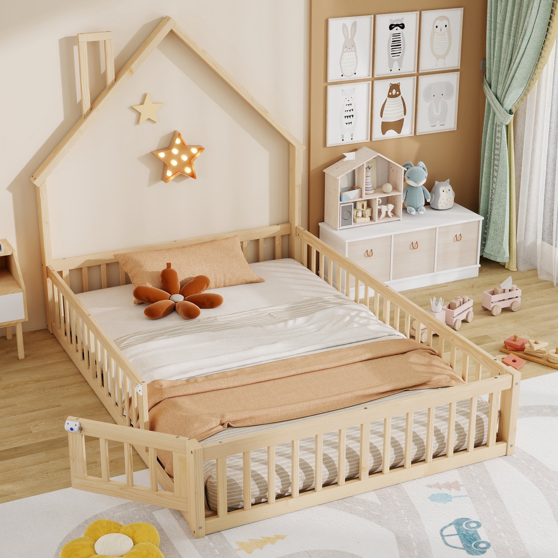 Gigab2b original image - Hausbett, 140 x 200 cm, Kinderbett mit Schornsteinform, Bett mit Lattenrost (ohne Matratze), Kiefernholz, Minimalistischer Stil, Natur
