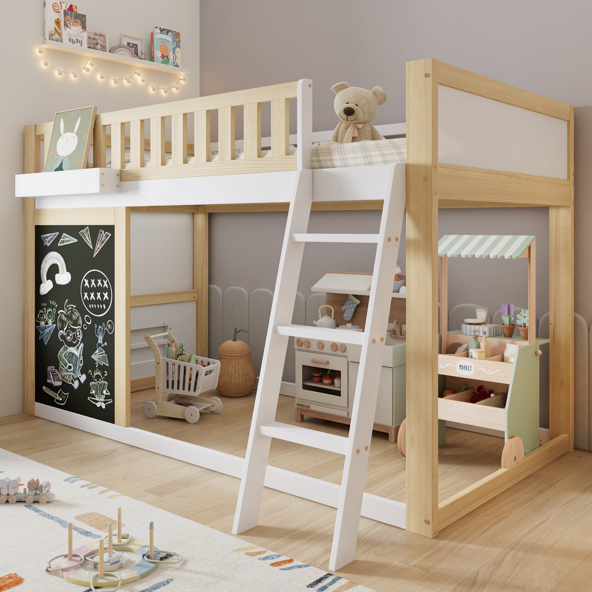Gigab2b original image - Hochbett, Kinderbett, Mit einer kleinen Tafel zum Bemalen, Mit Aufbewahrungsbox, Sicherheitsgeländer, Individuell anpassbarer Stauraum unter dem Bett, Kiefer + MDF , Weiß+Natur, 90x200cm