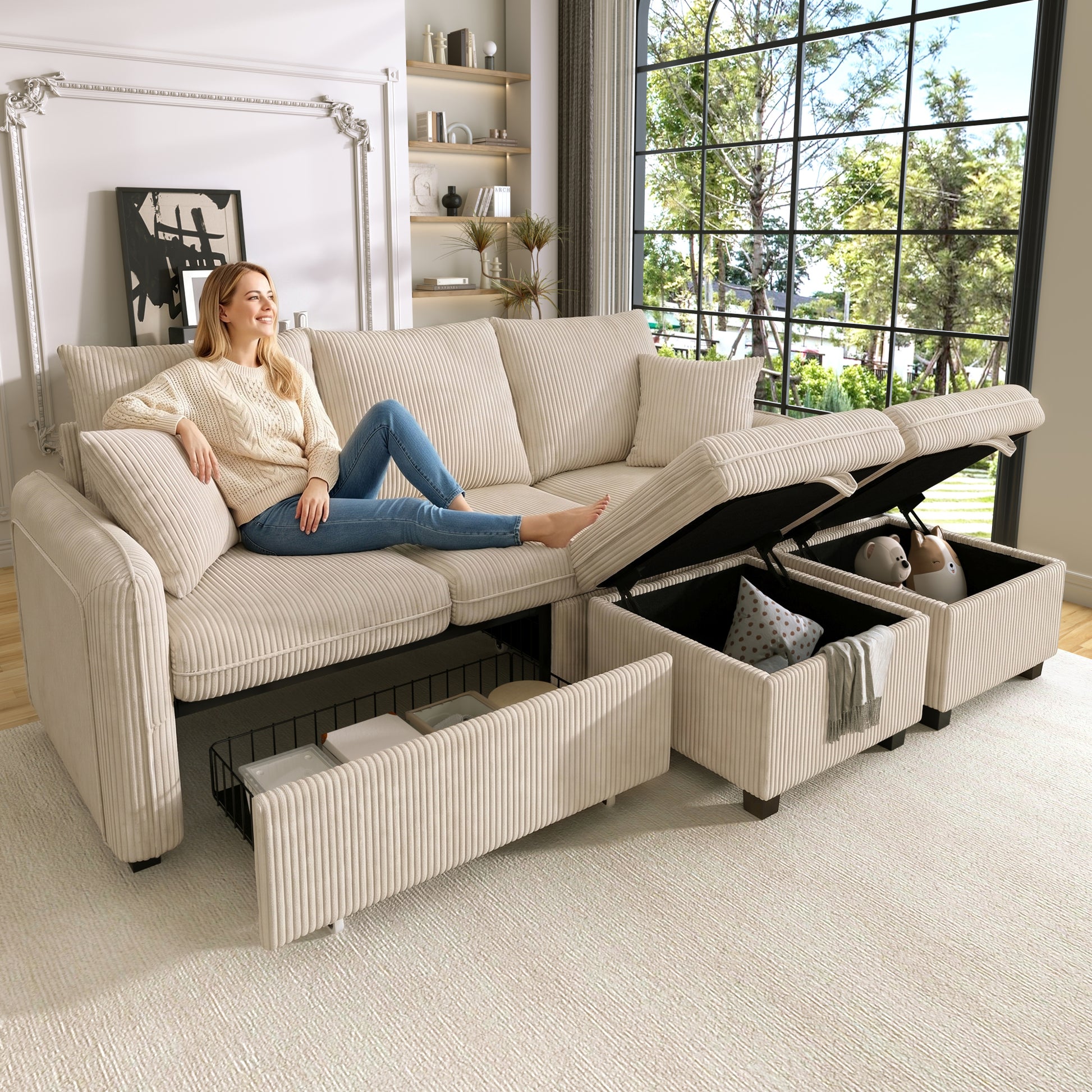 Gigab2b original image - Multifunktionale Ecksofa U-Form-Dreisitzer Polster-Sofa mit Staufunktion – Inklusive Schubladen + Hocker mit Staufach, modular zerlegbares Sofa-Set mit Schlaffunktion,Cord-Stoff