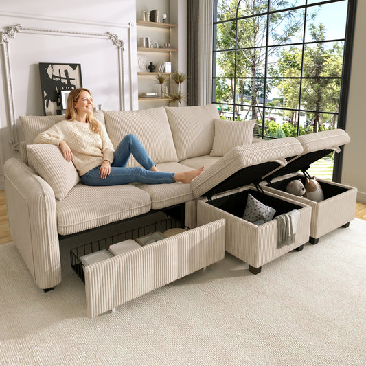 Gigab2b original image - Multifunktionale Ecksofa U-Form-Dreisitzer Polster-Sofa mit Staufunktion – Inklusive Schubladen + Hocker mit Staufach, modular zerlegbares Sofa-Set mit Schlaffunktion,Cord-Stoff