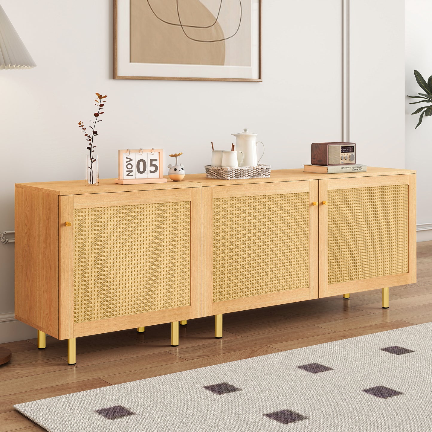 Gigab2b original image - Modularer Aufbewahrungsschrank, dreitüriger Besteckschrank aus Rattan,rustikales Sideboard für das Esszimmer. Naturholzoptik-H63/B180T40 cm