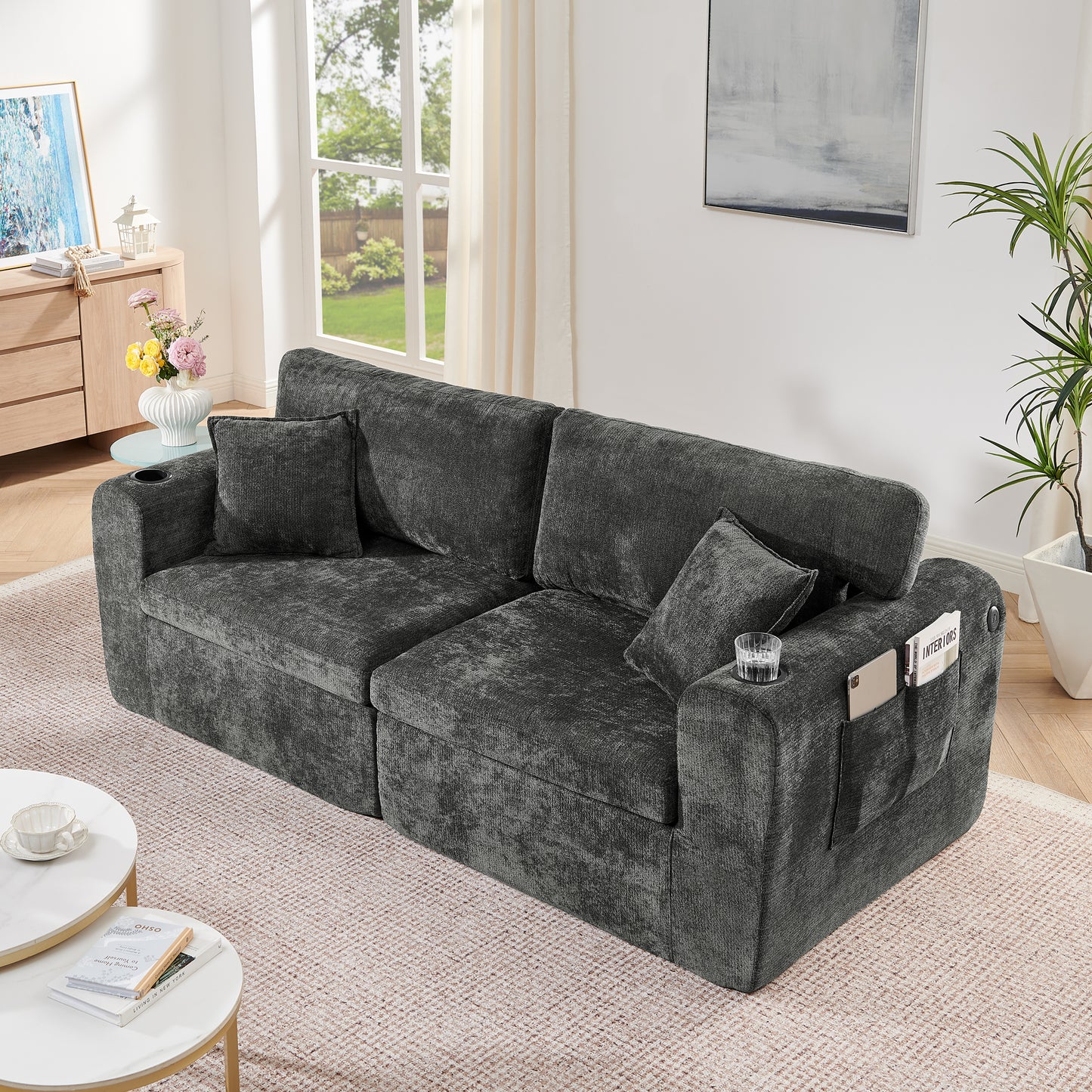 2-Sitzer-Relaxsofa für kleine Räume,aus weichem Chenille-Stoff,ausgestattet mit seitlicher Magazintasche,Getränkehalter und Kissen,geeignet für Wohnzimmer,Arbeitszimmer,Gästezimmer und Wohnungen,Black