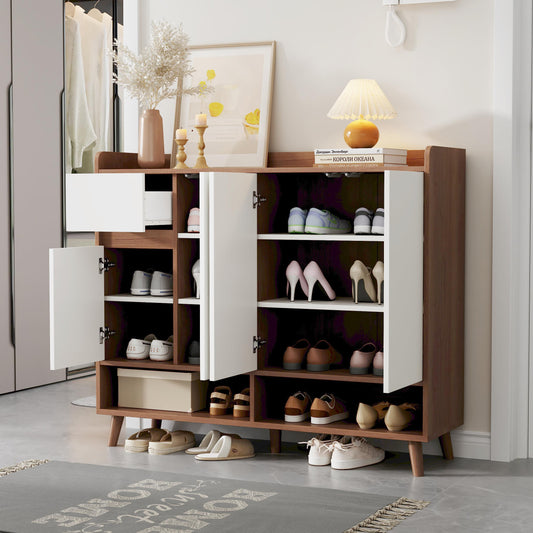 Gigab2b original image - Moderne Sideboard Kommode Schuhschrank mit großem Stauraum, 4 Türen und 1 Schubladen mit einem verstellbaren Regal für Esszimmer, Wohnzimmer oder Küche ,Weiß+Natural, Maße: 120*35*99 cm