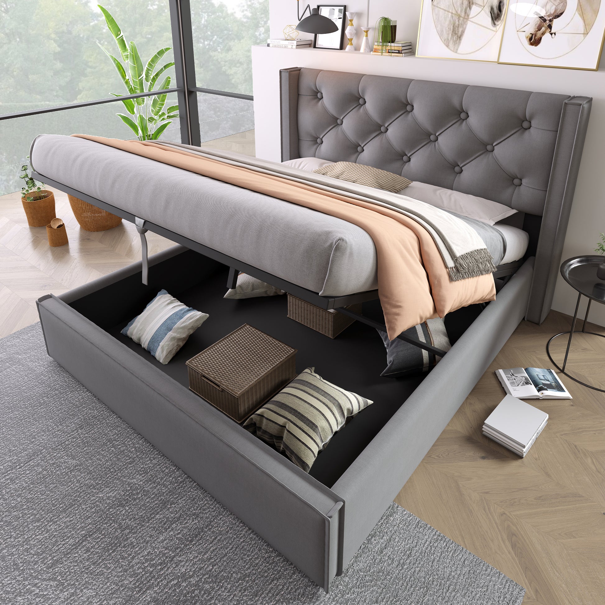 Gigab2b original image - Hydraulisch Doppelbett Polsterbett 140x200cm,Bett mit Lattenrost aus Metallrahmen, Modernes Bettgestell mit Stauraum, Baumwolle, Grau
