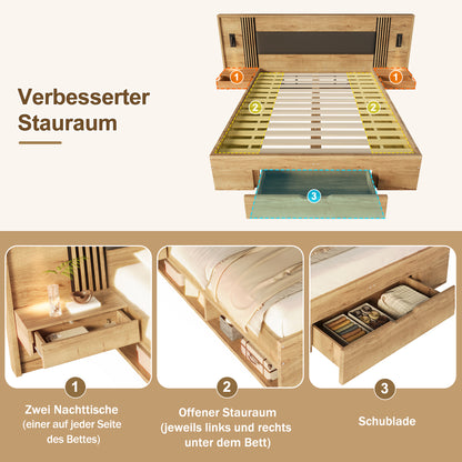 Doppelbett 180 200cm, Stauraumbett, holzbett, Jugendbett, mit Leselampe, mit 2 Nachttische, mit Schubladen,