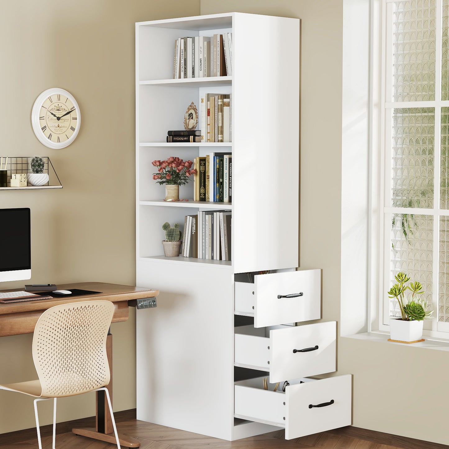 180 cm hohes, extra schmales Bücherregal mit seitlichen Schubladen - Verstellbare Böden, links und rechts austauschbar, geeignet für kleine Räume -Sideboard, Wohnzimmer-Hochschrank, Bücherregal
