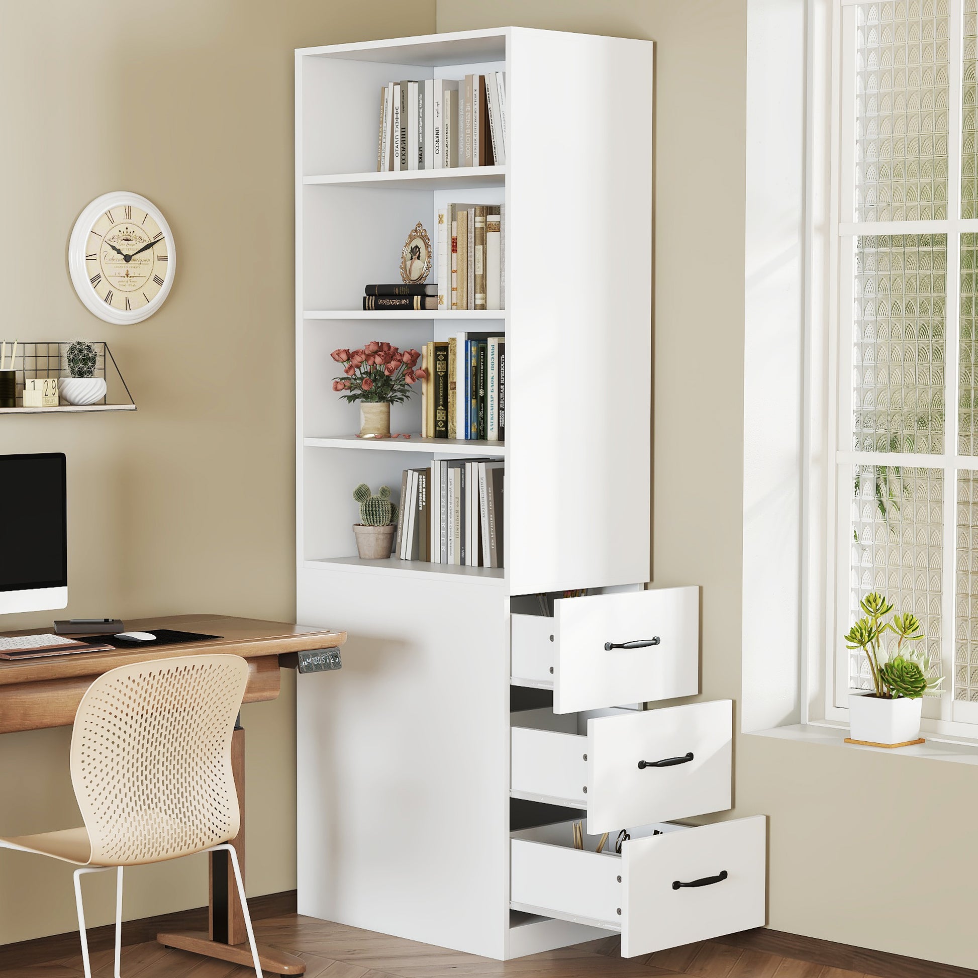 180 cm hohes, extra schmales Bücherregal mit seitlichen Schubladen - Verstellbare Böden, links und rechts austauschbar, geeignet für kleine Räume -Sideboard, Wohnzimmer-Hochschrank, Bücherregal