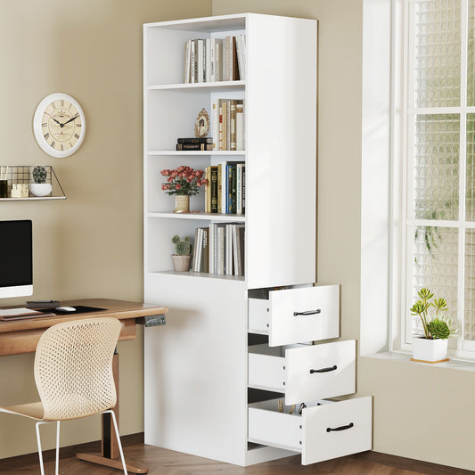 180 cm hohes, extra schmales Bücherregal mit seitlichen Schubladen - Verstellbare Böden, links und rechts austauschbar, geeignet für kleine Räume -Sideboard, Wohnzimmer-Hochschrank, Bücherregal