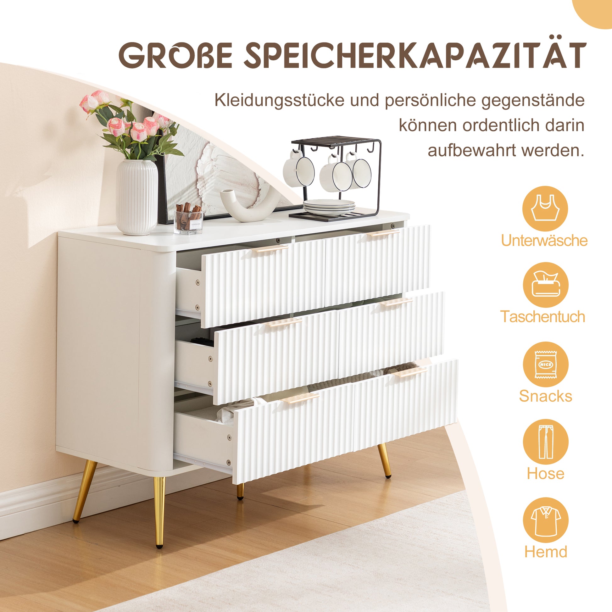6-Drawer Dresser, Modern White Storage Chest with Metal Handles & Soft-Closing Slides, Sturdy MDF Bedroom Dresser for Living Room Hallway – Anti-Tip Device, 20cm Raised Legs for Robot Vacuum