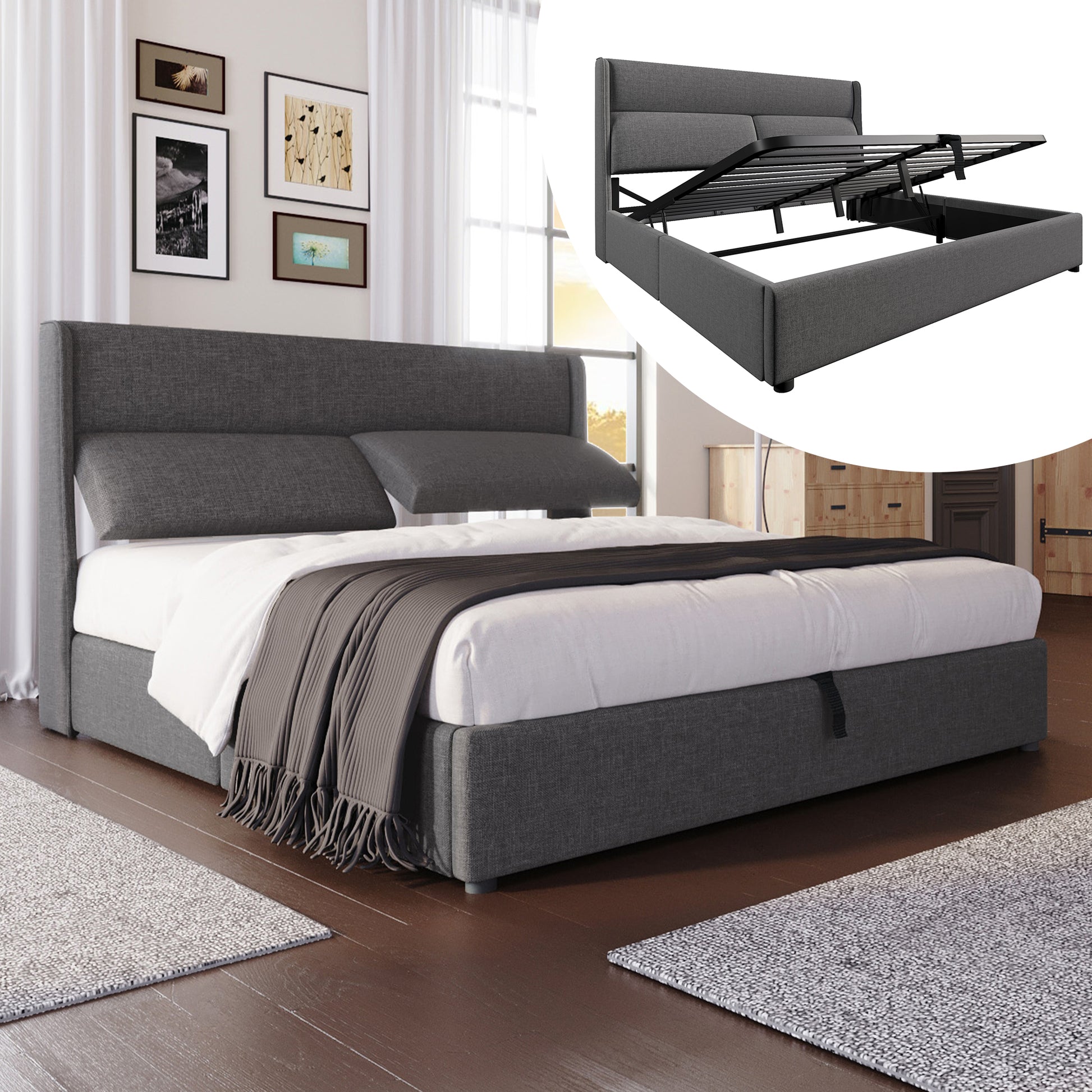 (=491415AAG)Polsterbett Doppelbett 180x200cm mit Verstellbare Kopfstützen,Hydraulisches Bettgestell mit Stauraum, Leinenmaterial Bett mit Metall- Lattenrost,Grau(Ohne Matratze)