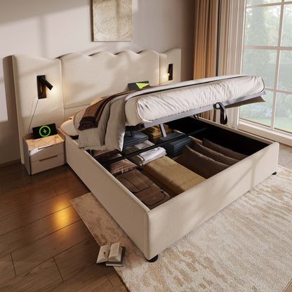 (=AB30748123B)Polsterbett Doppelbett 180×200 mit Leselampe und USB Type-C Ladefunktion, Stauraumbett Bettgestell mit Lattenrost aus Massivholz und Metall, Beige, Leinen (Ohne Matratze)