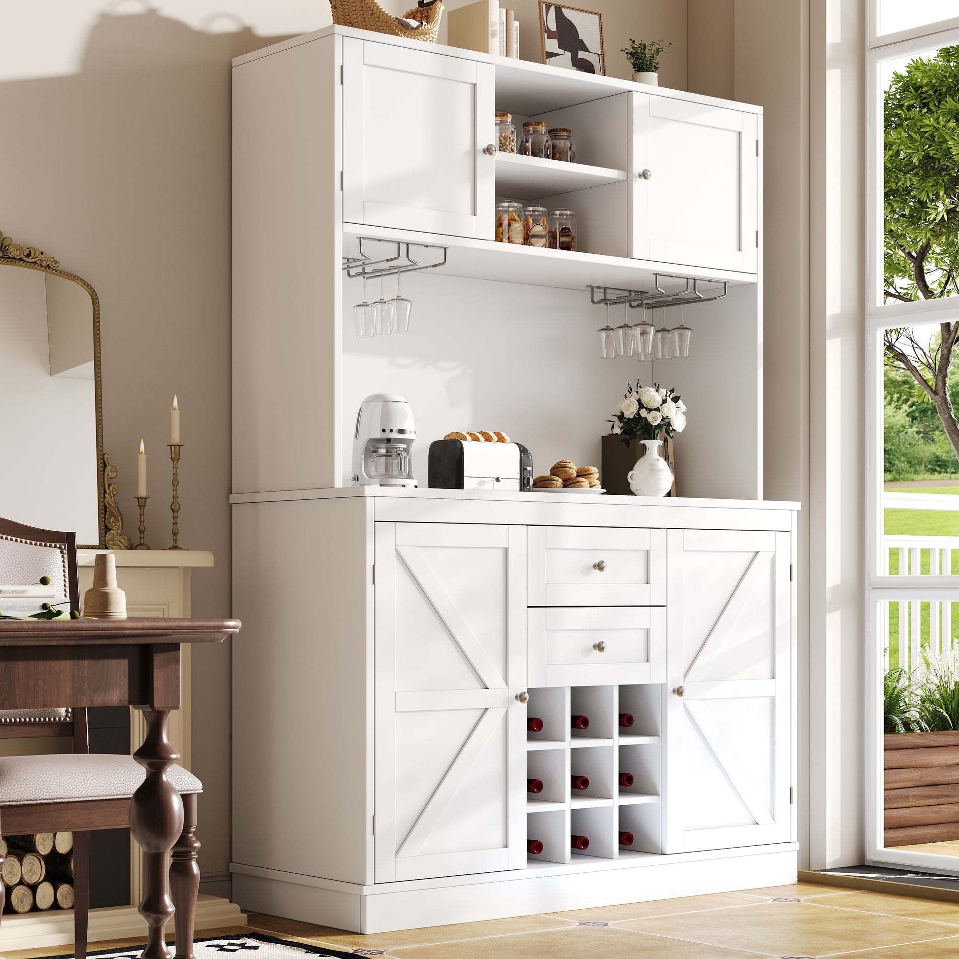 Gigab2b original image - Küchenschrank mit verstellbaren Ablagen & Weinregal, Hochschrank Küchenbuffet mit 4 Türen & 2 Schubladen, Sideboard für Küche & Wohnzimmer, Buffetschrank, Weiß