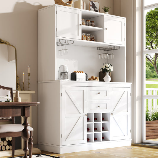 Gigab2b original image - Küchenschrank mit verstellbaren Ablagen & Weinregal, Hochschrank Küchenbuffet mit 4 Türen & 2 Schubladen, Sideboard für Küche & Wohnzimmer, Buffetschrank, Weiß