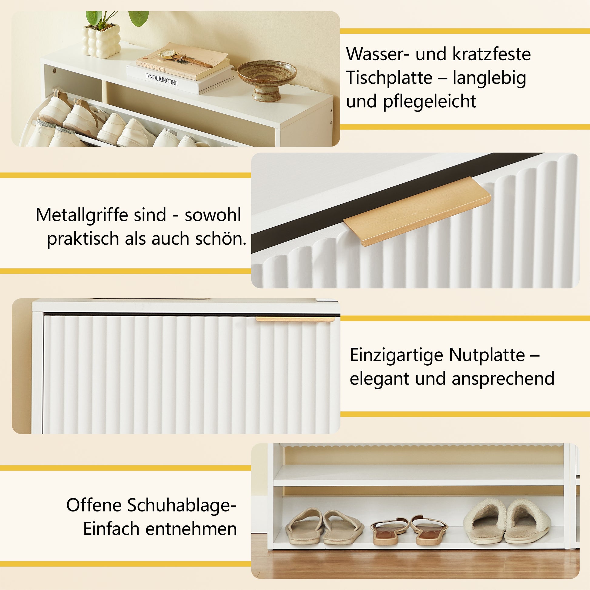 80 x 24 cm Schuhschrank mit Nutfront – Höhenverstellbar mit Kippschutz und Dekotisch für den Flur, in Weiß