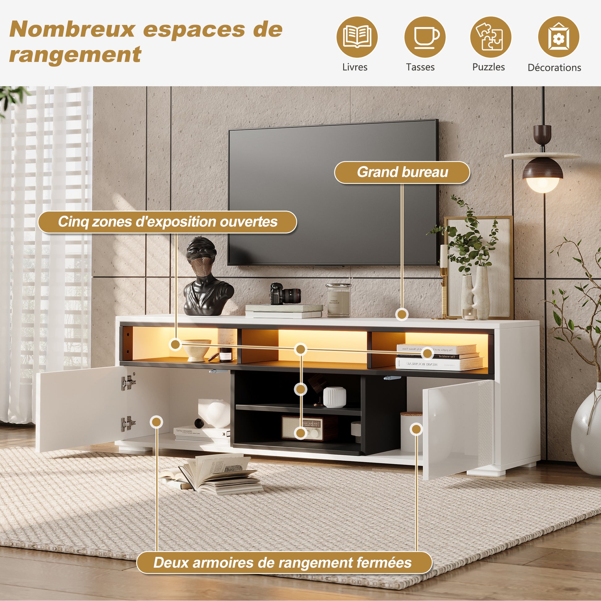 150 × 35 × 50 cm LED-TV-Bank aus Hochglanz-Spanplatte, Modernes Lowboard mit Stauraum für kleine Wohnzimmer,Unterschrank mit zwei Türen,8 Lagerräume,Speziell für kleine Wohnungen konzipiert